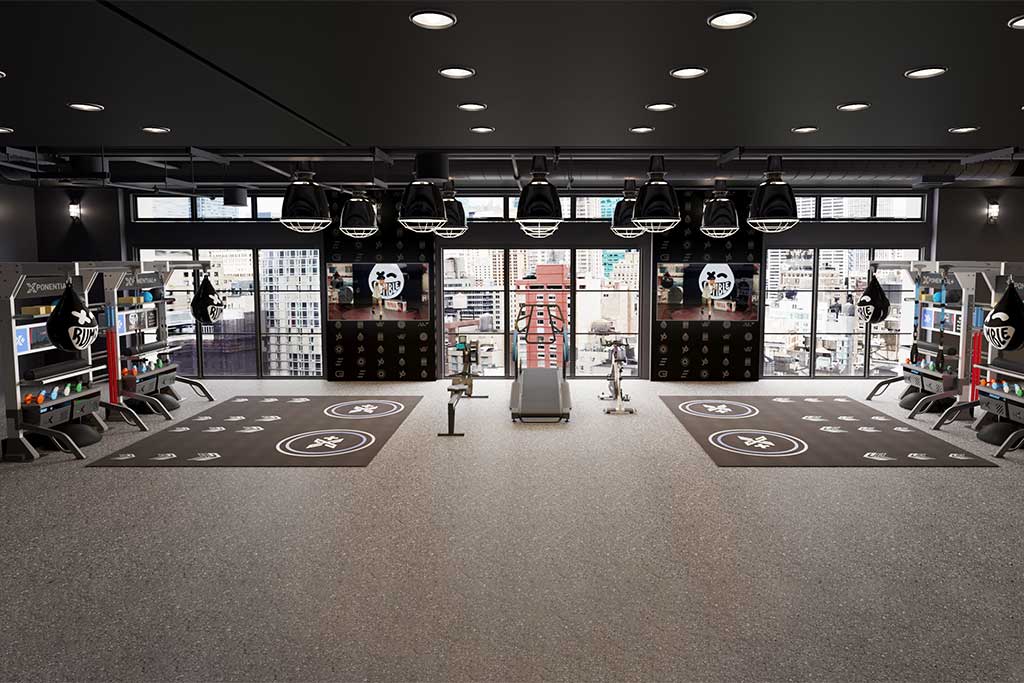 xplus-functional-training-equipment-campus-recreation-gym Two sets of Double Xponential+ Training Bays with digital exercise guidance on the wall and gym flooring.