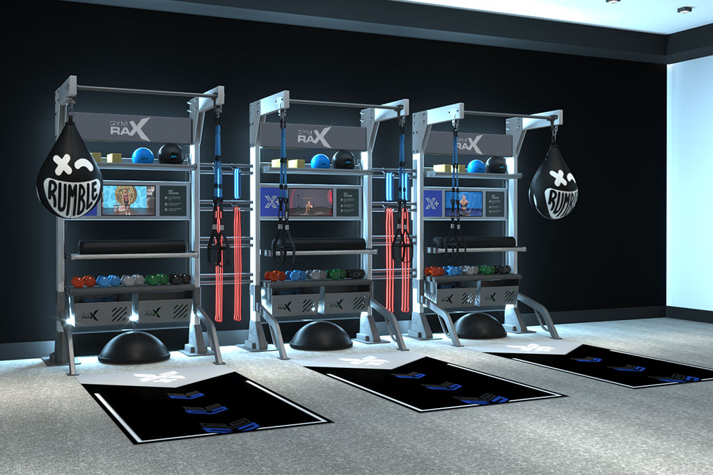 xplus-functional-training-equipment-corporate-gym Three Xponential+ Training Bays with accessories and flooring.
