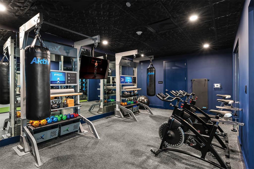 xplus-functional-training-equipment-apartment-gym Xponential+ Functional Fitness on gym TV in amenity room with two Gym Rax storage bays and 3 mats.